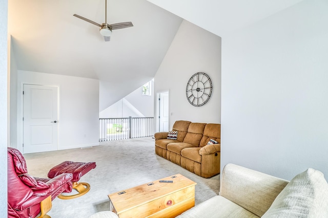 26533 Paradise Point Rd, Detroit Lakes, MN 56501 - living area with ceiling fan, carpet flooring, baseboards, and high vaulted ceiling