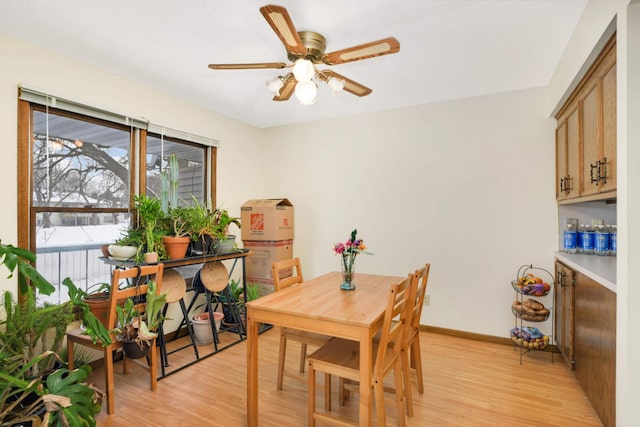 11110 Utica Ave S, Bloomington, MN 55437 - dining space with a bar, light wood-style flooring, ceiling fan, and baseboards