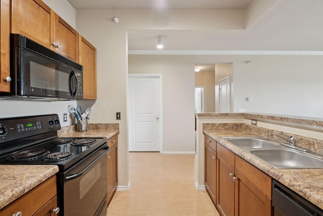 13560 Technology Dr Unit 1325, Eden Prairie, MN 55344 - kitchen featuring black appliances, a sink, brown cabinetry, light countertops, and ornamental molding