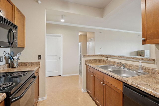 13560 Technology Dr Unit 1325, Eden Prairie, MN 55344 - kitchen with a sink, black appliances, light countertops, brown cabinetry, and ornamental molding
