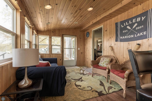 38603 Cozy Cove Rd, Dead Lake Twp, MN 56528 - living area with healthy amount of natural light, vaulted ceiling, wood walls, recessed lighting, and wood finished floors