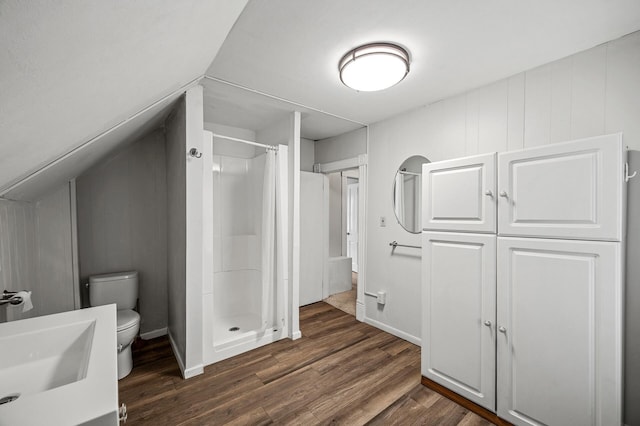 444 Vincent St, Saint Croix Falls, WI 54024 - full bathroom featuring a sink, wood finished floors, toilet, a stall shower, and baseboards