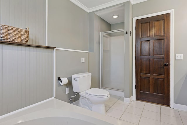 full bath featuring tile patterned flooring, a stall shower, crown molding, and toilet
