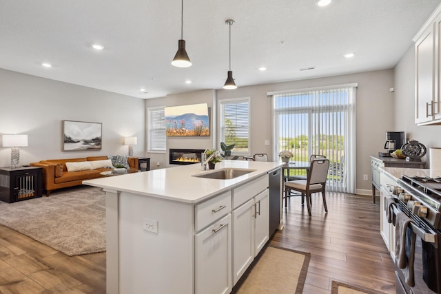 kitchen featuring a sink, a glass covered fireplace, range with gas cooktop, dishwasher, and wood finished floors