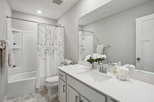 1836 Tyrone Dr, Shakopee, MN 55379 - full bathroom featuring vanity, marble finish flooring, shower / bath combination with curtain, toilet, and recessed lighting
