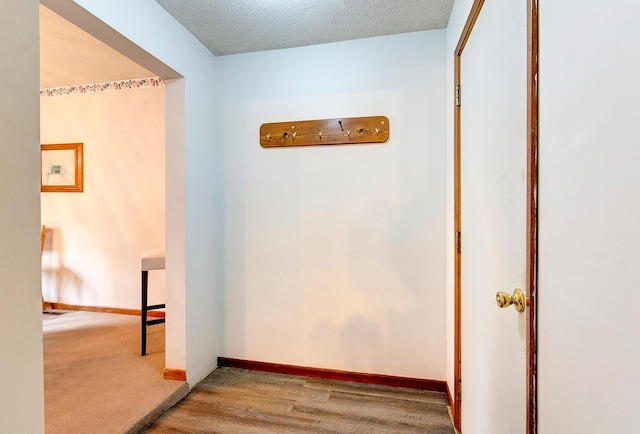 624 Main St, West Concord, MN 55985 - hall featuring a textured ceiling, baseboards, and wood finished floors