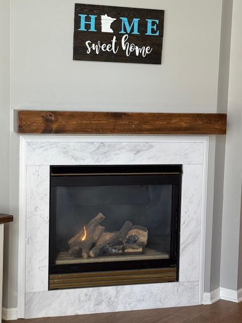 detailed view of a high end fireplace, baseboards, and wood finished floors
