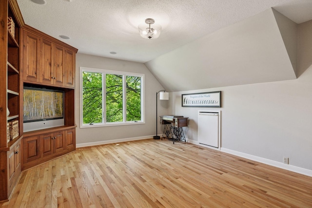 5510 Heather Dr SW, Rochester Twp, MN 55902 - bonus room featuring baseboards, light wood-type flooring, vaulted ceiling, a chandelier, and a textured ceiling