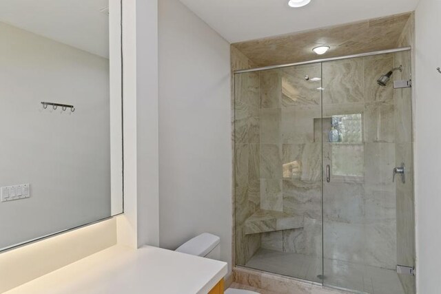 bathroom featuring toilet, a stall shower, and vanity