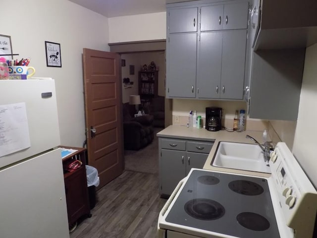 kitchen featuring white appliances, a sink, wood finished floors, light countertops, and gray cabinetry