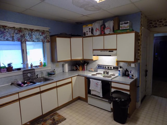 kitchen featuring electric stove, under cabinet range hood, light countertops, light floors, and a paneled ceiling