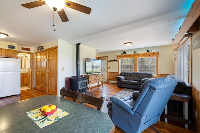 25185 Moreau Rd, Aitkin, MN 56431 - living room with a wood stove, wood finished floors, healthy amount of natural light, and wainscoting