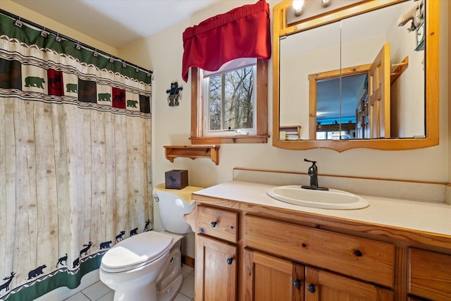 25185 Moreau Rd, Aitkin, MN 56431 - bathroom with toilet, vanity, tile patterned floors, and a shower with curtain