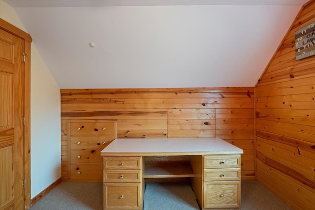 25185 Moreau Rd, Aitkin, MN 56431 - unfurnished office with lofted ceiling, light colored carpet, and wood walls
