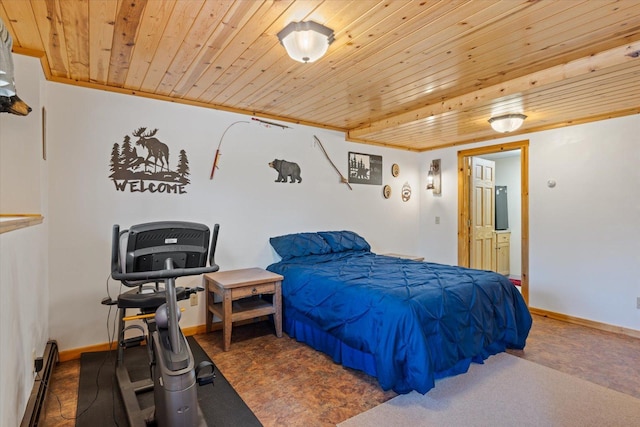 25185 Moreau Rd, Aitkin, MN 56431 - bedroom with wood ceiling, a baseboard heating unit, and baseboards