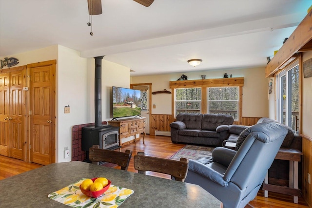 25185 Moreau Rd, Aitkin, MN 56431 - living area featuring wood finished floors, a wainscoted wall, plenty of natural light, a wood stove, and wood walls