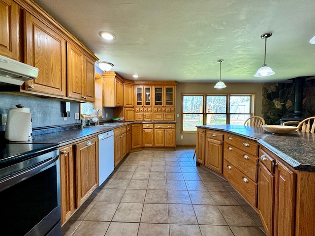 55715 State Highway 11, Warroad, MN 56763 - kitchen with stainless steel electric range, dishwasher, a sink, brown cabinetry, and dark countertops