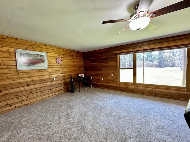 55715 State Highway 11, Warroad, MN 56763 - carpeted spare room featuring wood walls and a ceiling fan