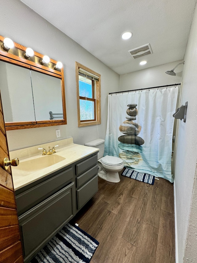 55715 State Highway 11, Warroad, MN 56763 - bathroom with wood finished floors, toilet, vanity, a shower with shower curtain, and a textured ceiling