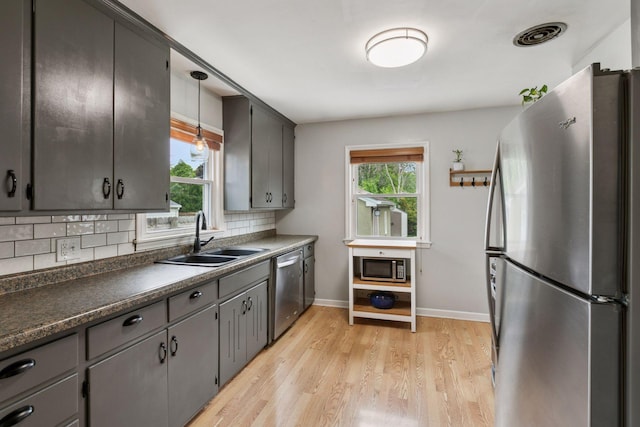 805 California Ave W, Saint Paul, MN 55117 - kitchen featuring stainless steel appliances, a sink, dark countertops, decorative backsplash, and light wood-type flooring