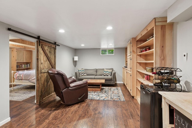 805 California Ave W, Saint Paul, MN 55117 - living area with a barn door, dark wood-type flooring, recessed lighting, and baseboards