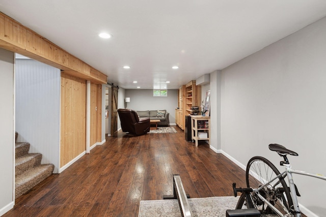 805 California Ave W, Saint Paul, MN 55117 - living area featuring dark wood-style flooring, recessed lighting, baseboards, and stairway