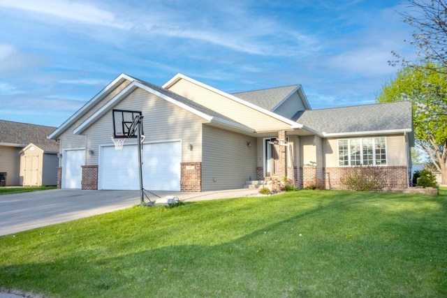 147 Waynesborough Way, Mankato, MN 56001 - view of front of house featuring brick siding, a garage, concrete driveway, and a front lawn
