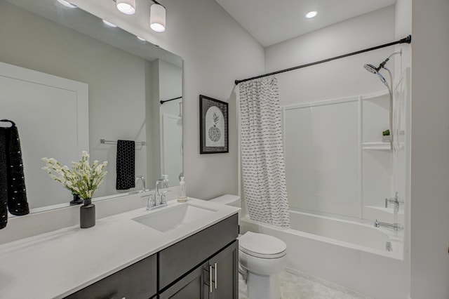 bathroom with toilet, shower / tub combo with curtain, vanity, and tile patterned flooring