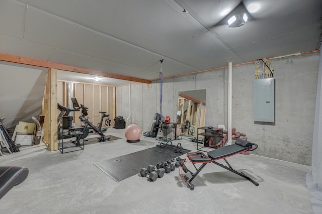 workout room featuring electric panel
