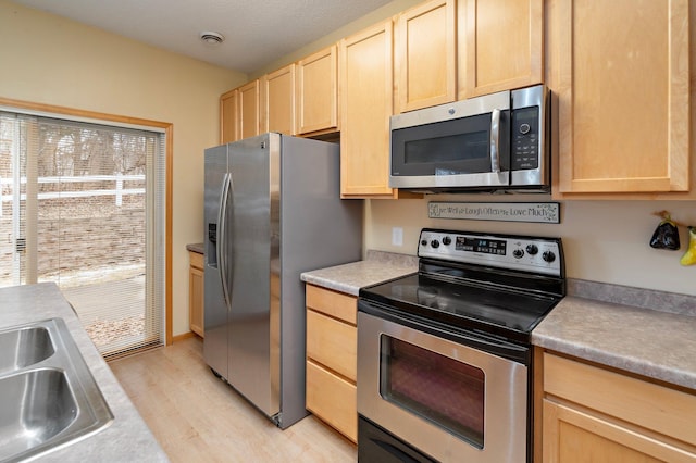 16322 70th Ave N Unit 304, Maple Grove, MN 55311 - kitchen with stainless steel appliances, light brown cabinets, light wood-style floors, a sink, and light countertops