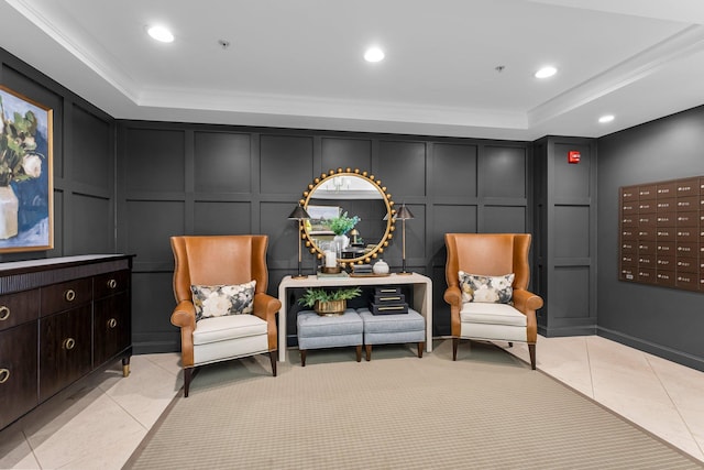 1320 Riverside Ln Unit 112, Mendota Heights, MN 55118 - living area with a decorative wall, a raised ceiling, light tile patterned floors, recessed lighting, and ornamental molding