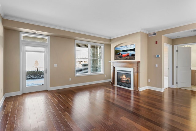1320 Riverside Ln Unit 112, Mendota Heights, MN 55118 - unfurnished living room featuring a glass covered fireplace, ornamental molding, and hardwood / wood-style floors