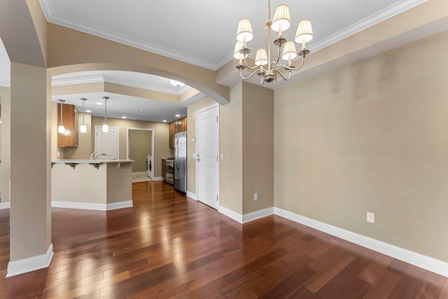 1320 Riverside Ln Unit 112, Mendota Heights, MN 55118 - unfurnished living room featuring arched walkways, dark wood-style flooring, ornamental molding, and a chandelier