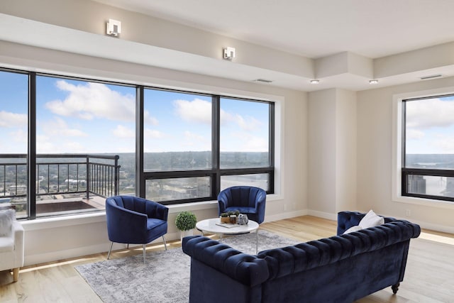 living area with wood finished floors, healthy amount of natural light, and baseboards