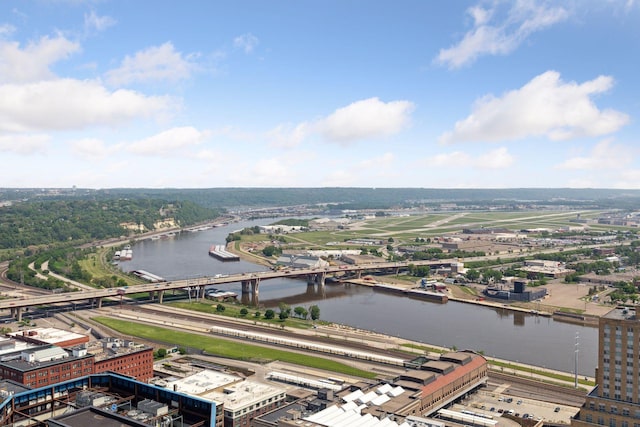 aerial view of a nearby body of water and a notable bridge
