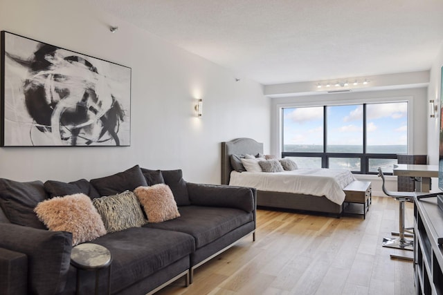 bedroom with light wood-style flooring and a water view