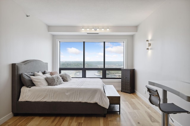 bedroom with multiple windows, light wood-type flooring, and baseboards