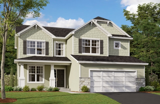 19307 Colonial Trl, Farmington, MN 55024 - craftsman-style house featuring an attached garage, a front lawn, asphalt driveway, a shingled roof, and stone siding