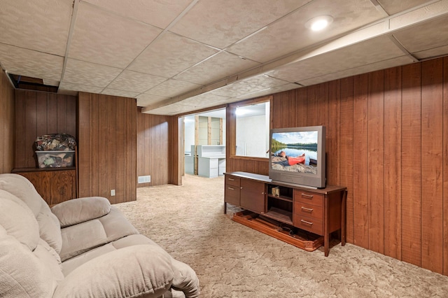 8251 158th Ln NW, Ramsey, MN 55303 - living room featuring carpet floors, wooden walls, and a paneled ceiling