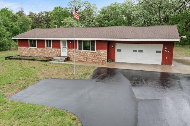 8251 158th Ln NW, Ramsey, MN 55303 - ranch-style home with driveway, brick siding, an attached garage, a front lawn, and a shingled roof