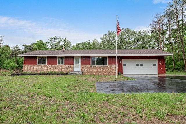8251 158th Ln NW, Ramsey, MN 55303 - ranch-style home with brick siding, an attached garage, driveway, a front lawn, and board and batten siding