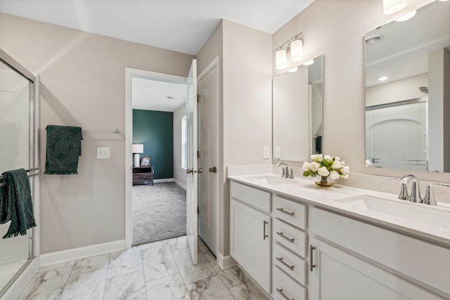 22654 Isla Way, Rogers, MN 55374 - bathroom with a shower stall, double vanity, marble look tile flooring, and baseboards