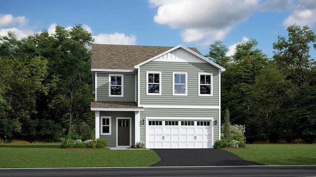 22654 Isla Way, Rogers, MN 55374 - traditional-style house featuring driveway, roof with shingles, a garage, a front yard, and board and batten siding