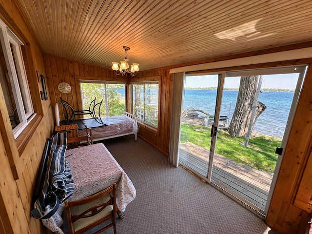 43084 335th Ave, Dora Twp, MN 56528 - carpeted bedroom with a water view, access to outside, a chandelier, and wood walls