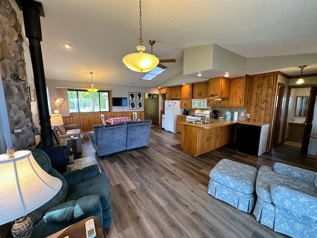 43084 335th Ave, Dora Twp, MN 56528 - living area with a wood stove, dark wood finished floors, vaulted ceiling, and a textured ceiling