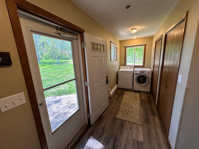 43084 335th Ave, Dora Twp, MN 56528 - laundry area featuring washer and clothes dryer, dark wood finished floors, and a textured ceiling