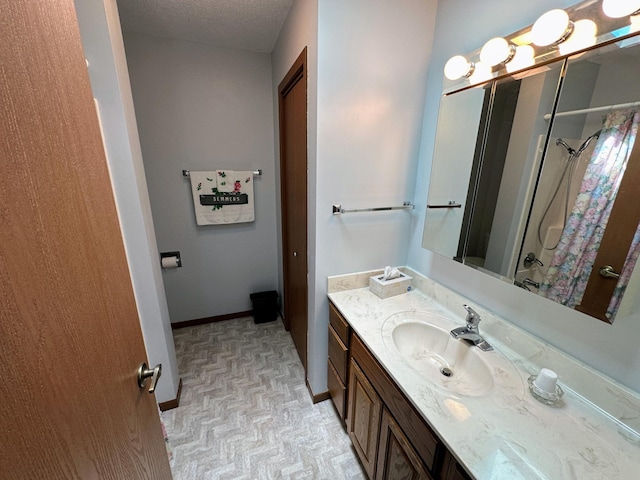 43084 335th Ave, Dora Twp, MN 56528 - bathroom with curtained shower, vanity, baseboards, and a textured ceiling