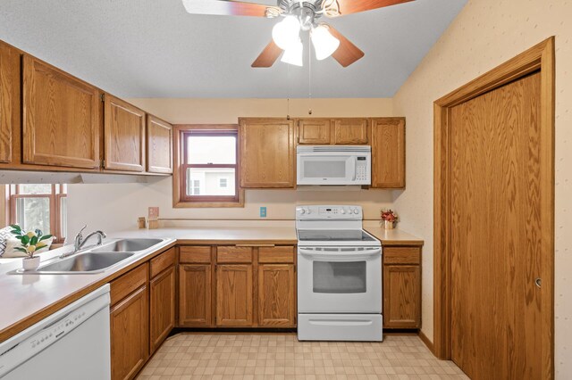 kitchen with white appliances, a sink, light floors, and healthy amount of natural light