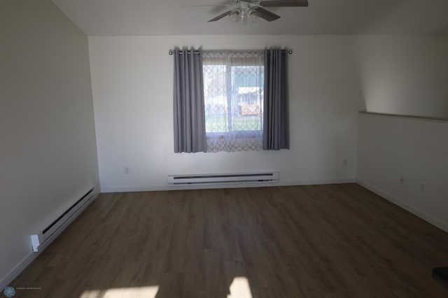 unfurnished room with baseboard heating, a baseboard radiator, a ceiling fan, wood finished floors, and baseboards