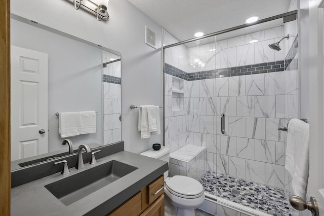 full bath with a shower stall, toilet, vanity, and recessed lighting